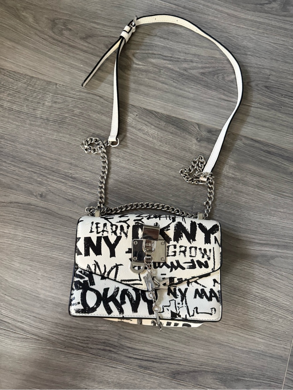 DKNY White and Black Graffiti Crossbody Bag with Silver Hardware